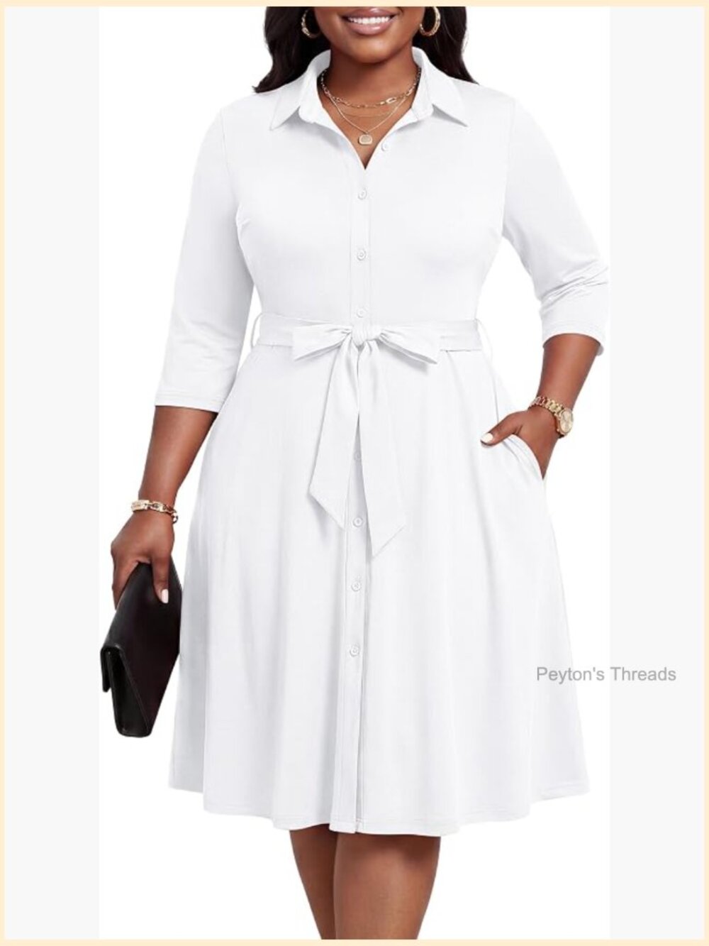 Plus Size Midi Dress Button Down 3/4 Sleeve V-Neck A-Line with Pockets